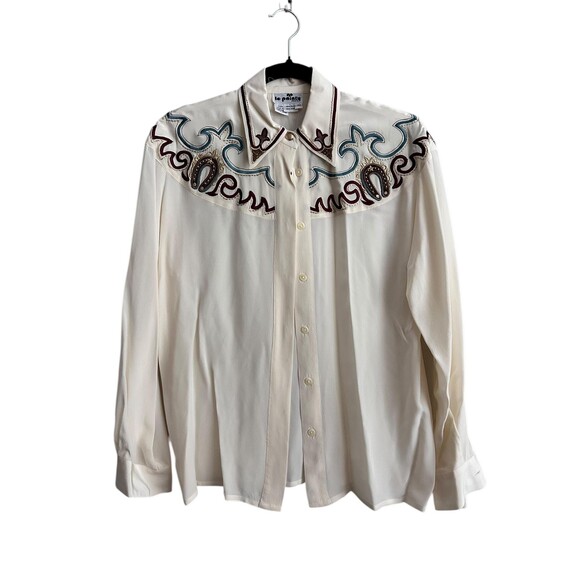 Vintage Le Pointy Paris Silk Western Shirt Cream Embroidered Horseshoe Blouse 40 - Picture 1 of 6